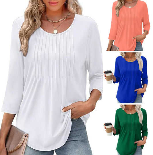 Ruffled Round Neck Loose Fit Thin T-Shirt