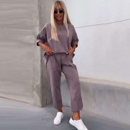 Women’s Casual Solid Short-Sleeve Tops ＆ Pants Two-Piece Set