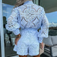 Women's Casual Elegant Lace 2-Piece Set with Button Down Shirt and Shorts