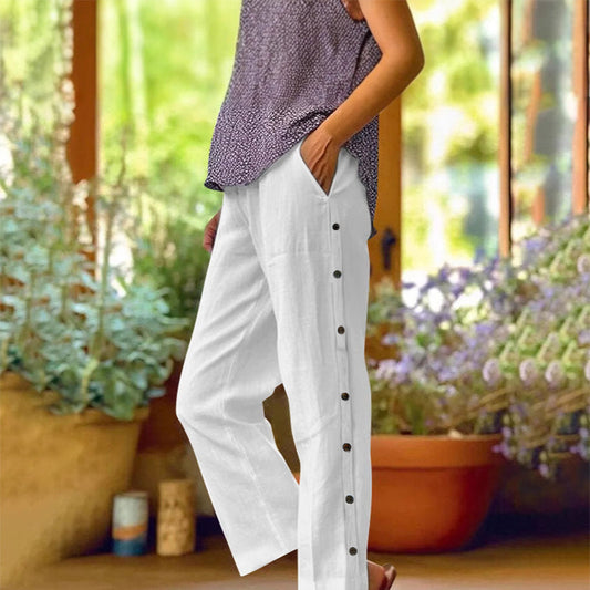 Casual Solid-Color Loose-Fit Cropped Pants with Side Buttons