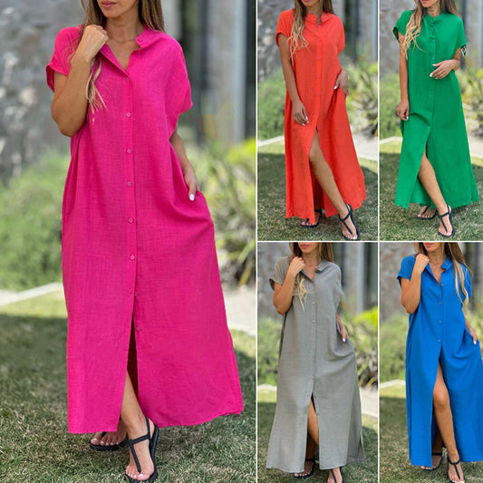 Women's Casual Button-Down Loose Side-Split Shirt Dress