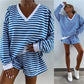 Women's Casual V-Neck Long Sleeve Top & Elastic Waist Shorts 2-Piece Set