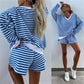 Women's Casual V-Neck Long Sleeve Top & Elastic Waist Shorts 2-Piece Set