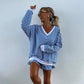 Women's Casual V-Neck Long Sleeve Top & Elastic Waist Shorts 2-Piece Set