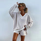 Women's Casual V-Neck Long Sleeve Top & Elastic Waist Shorts 2-Piece Set