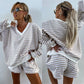 Women's Casual V-Neck Long Sleeve Top & Elastic Waist Shorts 2-Piece Set