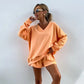 Women's Casual V-Neck Long Sleeve Top & Elastic Waist Shorts 2-Piece Set