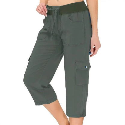 🌿 Women's Solid Color High-Waist Drawstring 3/4-Length Cargo Pants