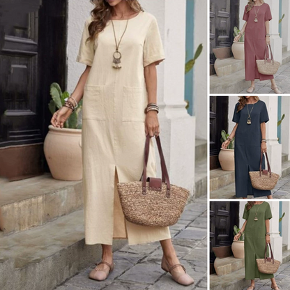Cotton-Linen Loose Round-Neck Dress
