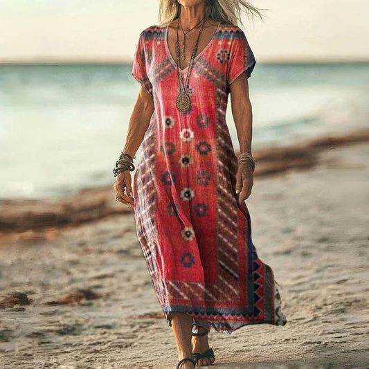 🌺Women's Printed V-Neck Short-Sleeve Long Dress✨