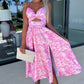 🌸Summer Special Limited Time Discount💐Pink Floral Print Waist Cutout V-Neck Sleeveless Dress