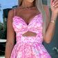 🌸Summer Special Limited Time Discount💐Pink Floral Print Waist Cutout V-Neck Sleeveless Dress