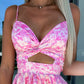 🌸Summer Special Limited Time Discount💐Pink Floral Print Waist Cutout V-Neck Sleeveless Dress