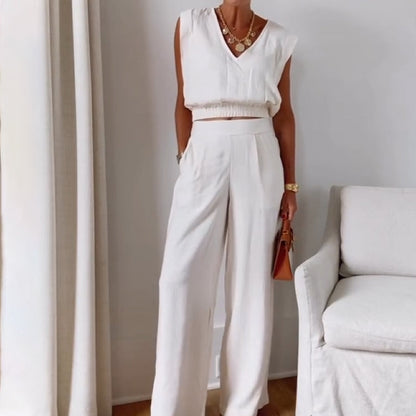 Sleeveless V-Neck Pleated Top and Wide-Leg Pants Set