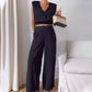 Sleeveless V-Neck Pleated Top and Wide-Leg Pants Set
