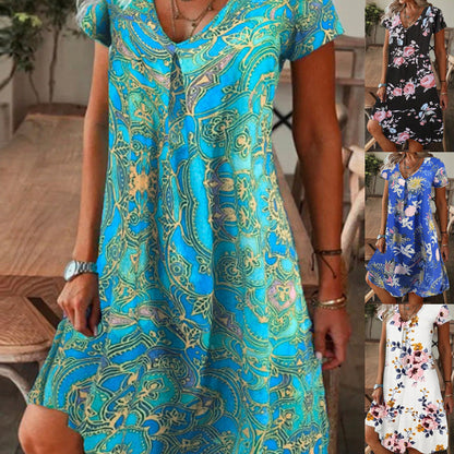 ✨2025 Hot Sale⌛Women’s Elegant Floral Print V-Neck Long Dress