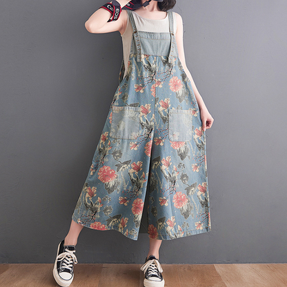 Women's Printed Baggy Denim Overalls
