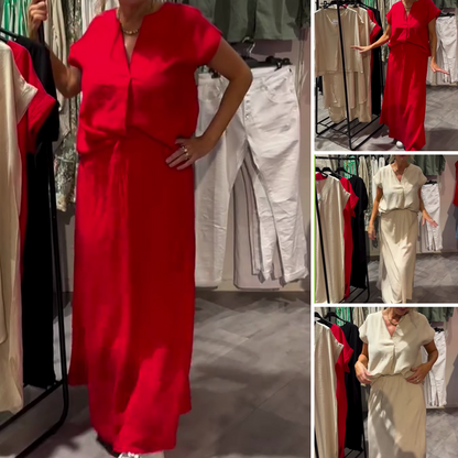Women's Solid Color V-Neck Top and Skirt 2-Piece Set for Summer