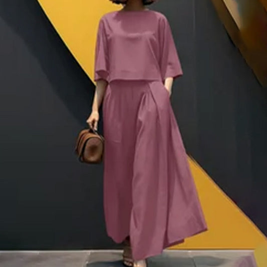 Women's Casual Round Neck 3/4 Sleeve T-Shirt & Loose Pants 2-Piece Set