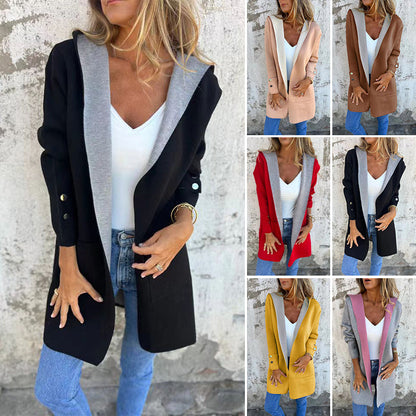 Women's Color Block Open Front Hooded Coat