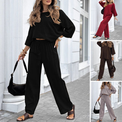 Women's Casual Solid Color Long Sleeve Top & Pants Set