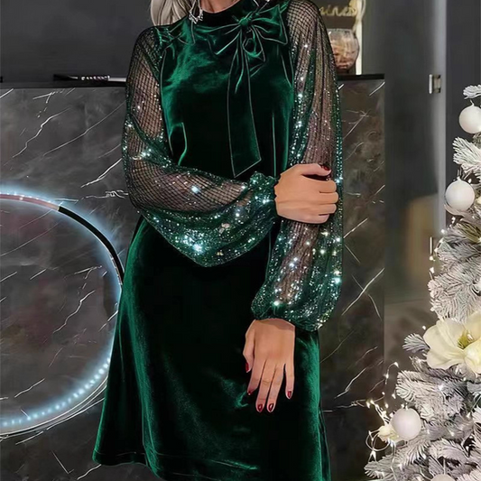 🎅 Sales - 50% OFF🎄Women's Sequin Bow Tie Neck Dress✨👗