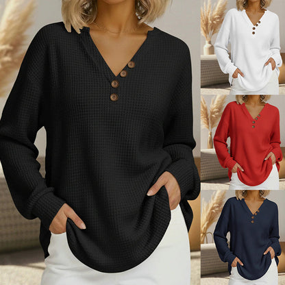 Women's Long Sleeve Waffle Knit V-Neck Top