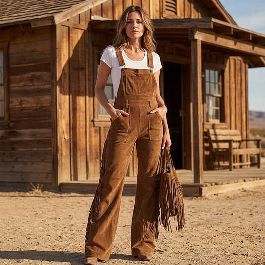 Retro Western Suede Fringe Overalls