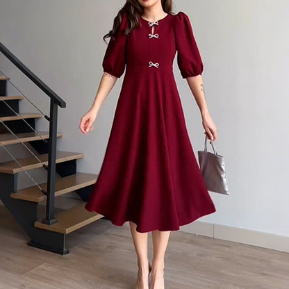 Women's Half-Sleeve A-Line Midi Dress with Bow