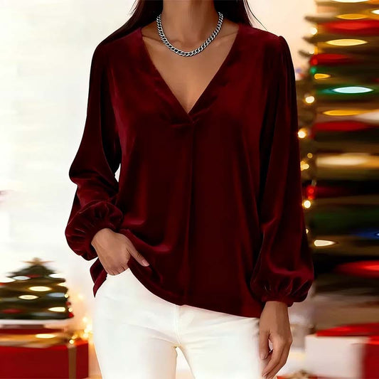 Women’s Elegant V-Neck Lantern Sleeve Top