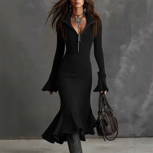 Women's Zipper Lapel Flare Sleeve Knit Fishtail Dress