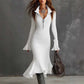 Women's Zipper Lapel Flare Sleeve Knit Fishtail Dress