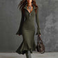 Women's Zipper Lapel Flare Sleeve Knit Fishtail Dress