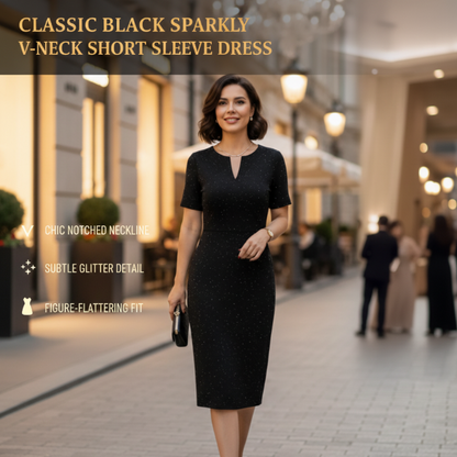 🔥Classic Black Sparkly V-Neck Short Sleeve Dress