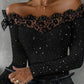 Women's Lace Off The Shoulder Glitter Long Sleeve Top