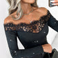 Women's Lace Off The Shoulder Glitter Long Sleeve Top