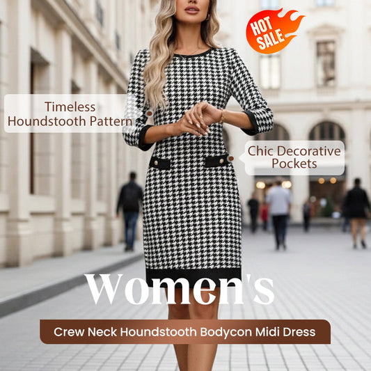 🏆 Hot Sale - 49% OFF ✨Women's Crew Neck Houndstooth Bodycon Midi Dress