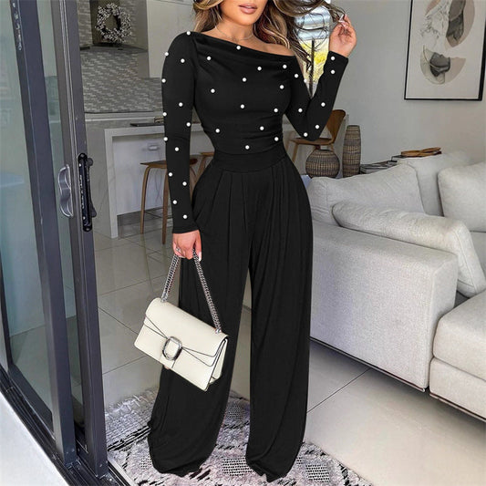 Women’s One-Shoulder Faux Pearl Wide-Leg Jumpsuit