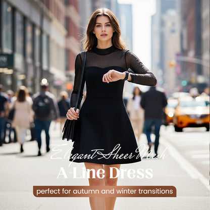 Elegant Sheer Mesh Panel A-Line Dress