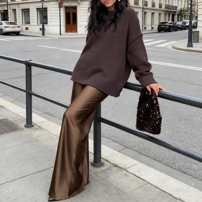 Women's Knit Sweater & Lustrous Wide-Leg Pants 2-Piece Set