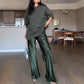 Women's Knit Sweater & Lustrous Wide-Leg Pants 2-Piece Set