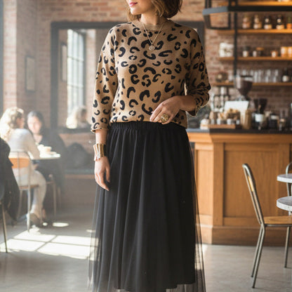 Women's Leopard Print Top & Mesh Skirt 2-Piece Set