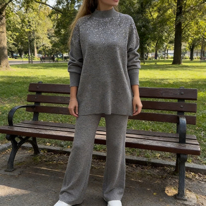 Rhinestone Embellished Knit Sweater & Pants Set