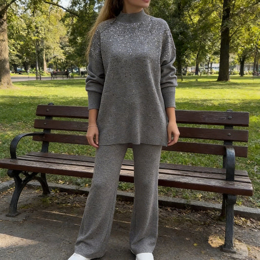 Rhinestone Embellished Knit Sweater & Pants Set