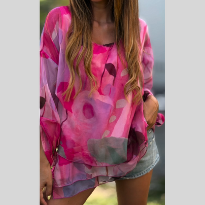 Elegant Flowy Floral Top with 3-Layer Hem