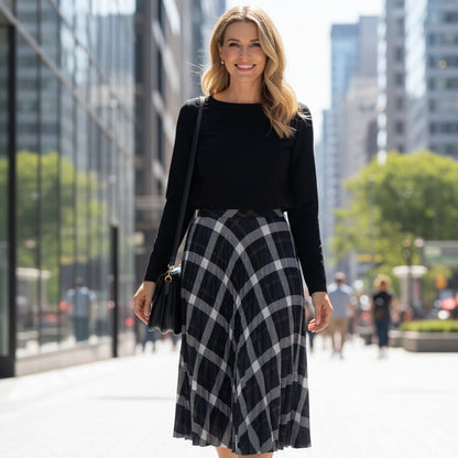 Women's Round Neck Blouse & Sleeveless Plaid Dress 2-Piece Set