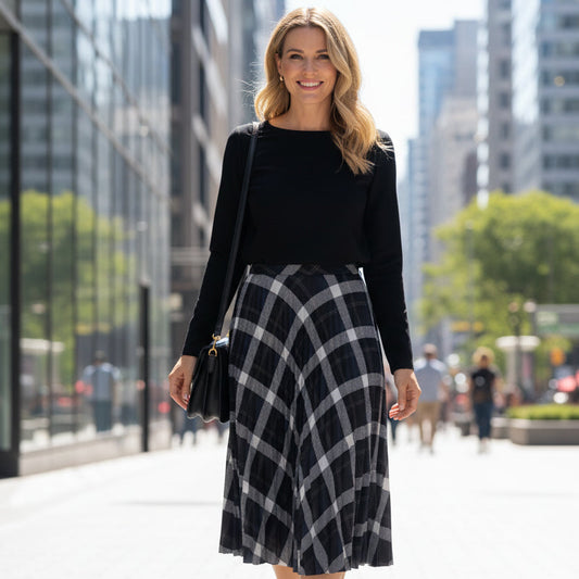 Women's Round Neck Blouse & Sleeveless Plaid Dress 2-Piece Set