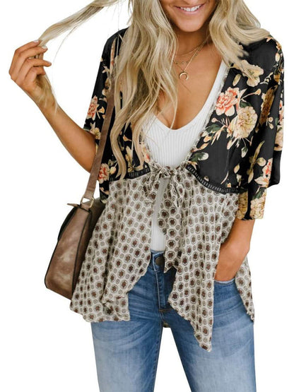 🔥Summer Hot Sale 60% Off!!✨Women's Floral Kimono Ruffle Sleeve Tie Cardigans Flowy Boho Loose Cover Ups
