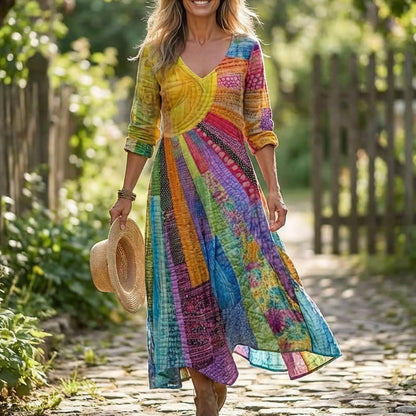 Women's V Neck Patchwork Print Dress