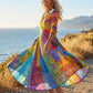Women's V Neck Patchwork Print Dress